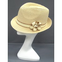Fedora Straw Hat w/ Flower Corsage - Beige -HT-1186BE